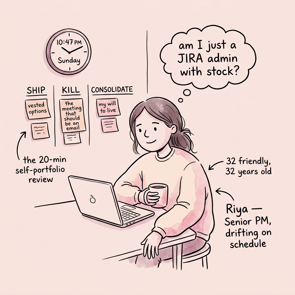 Hand-drawn xkcd-style portrait of Riya — short dark hair, soft pink sweater, hand on chin in mid-thought, with SHIP / KILL / CONSOLIDATE Post-its on the wall behind her and a pink coffee mug on the desk. Annotation arrow points to her with hand-lettered label 'Riya — Senior PM, Toronto, drift detector mode'.