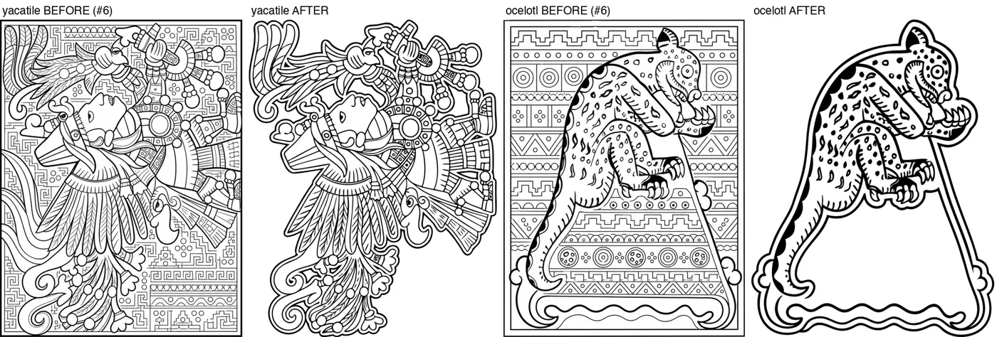 Two Aztec coloring pages, each shown before and after a pass that removed the busy patterned ground.