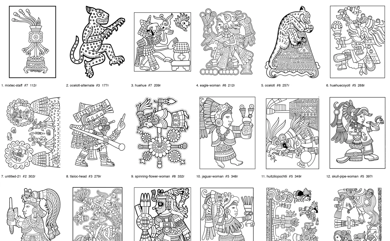 A contact sheet of Aztec and Mixtec coloring pages in black line art, numbered, each with its page name.