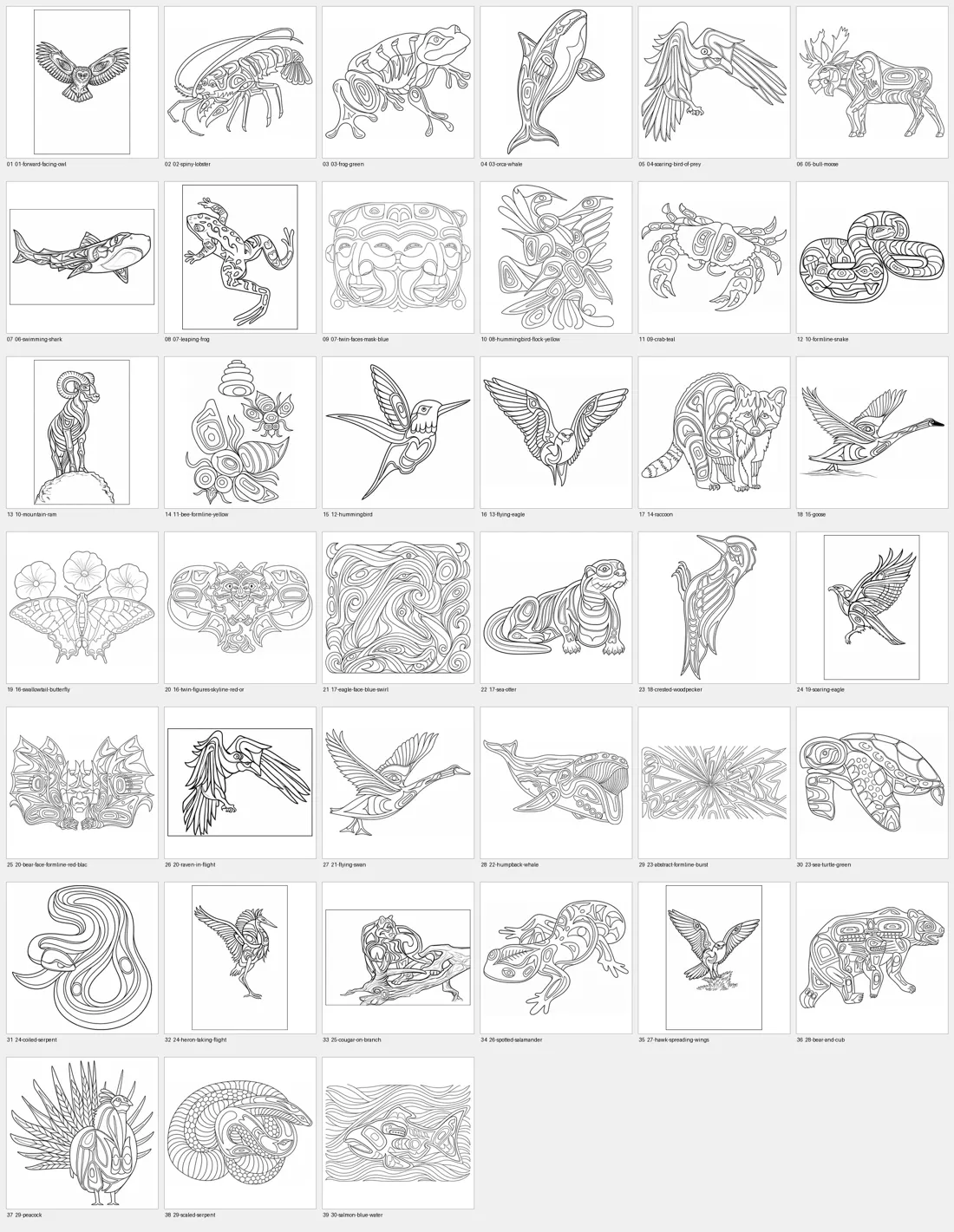 A sheet of numbered contemporary formline coloring pages: animals, masks and patterns.