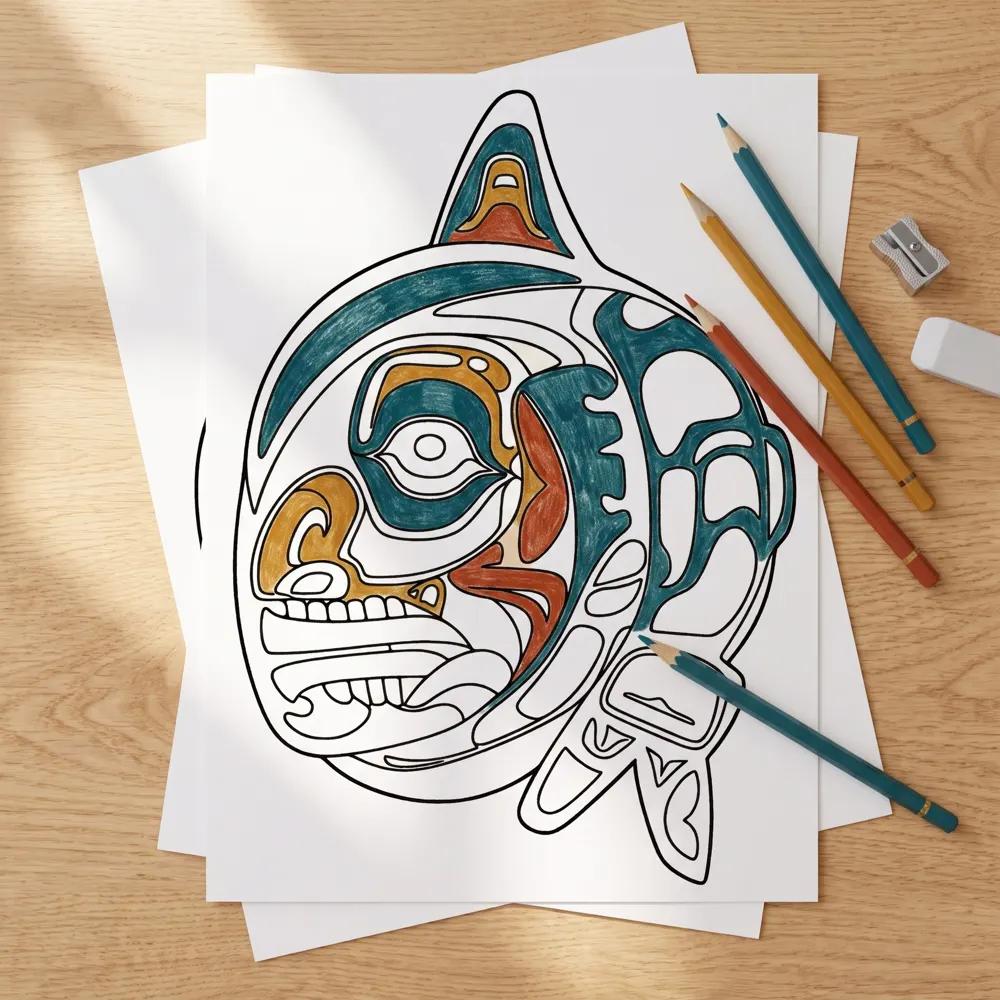 A mockup of a colored-in formline orca page on loose sheets with colored pencils.