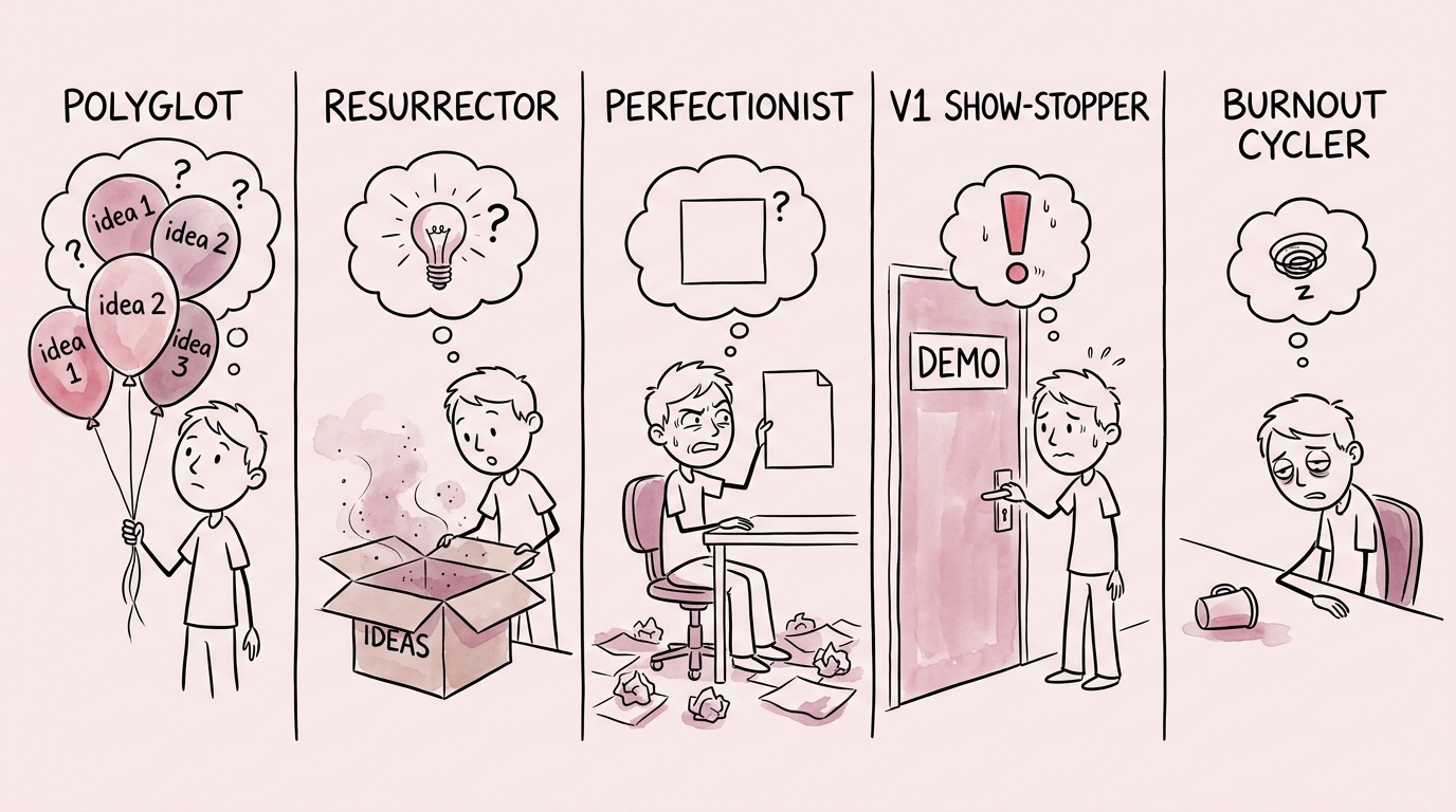 Five archetype portraits — Polyglot with three balloons, Resurrector with a dusty box, Perfectionist with crumpled papers, V1 Show-Stopper at a closed demo door, Burnout Cycler slumped at a desk