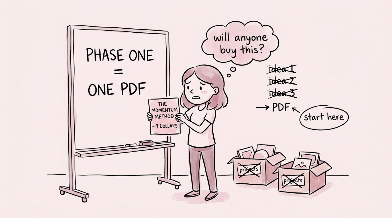 Molly holding up The Momentum Method PDF labeled 9 dollars with a thought bubble saying will anyone buy this — surrounded by crossed-out abandoned project boxes